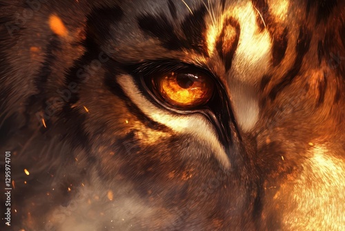 close-up of a lion’s amber eye, fierce golden flecks, soft tawny fur, faint whisker shadows, sharp predatory focus, serene majestic intensity.
