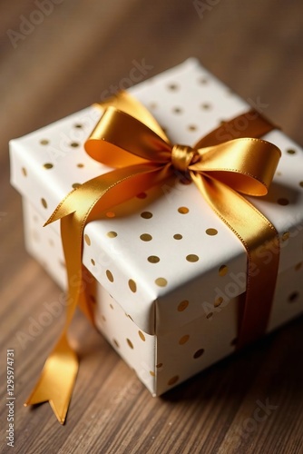 Close up of spotted giftwrap with gold ribbon creating elegant look, close-up, minimalist