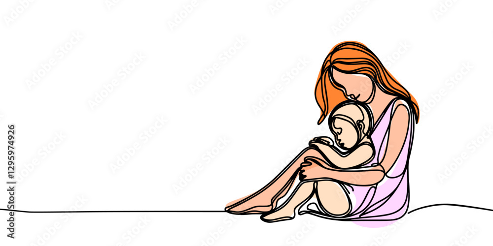 Happy Mother day card. Continuous one line drawing. Woman hold her baby. Vector illustration Happy Mother day card. Continuous one line drawing. Woman hold her baby. Vector illustration