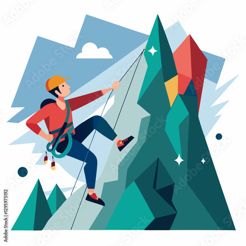 Rock Climbing climber ascending steep mountain against blue sky