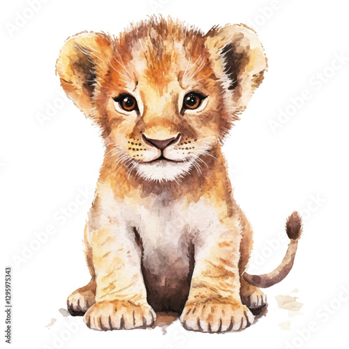 Cute lion cub sitting on the ground, watercolor illustration isolated on a white background