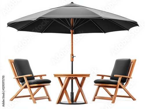 Garden Umbrella with Black Canopy and Elegant Wooden Frame on White Background