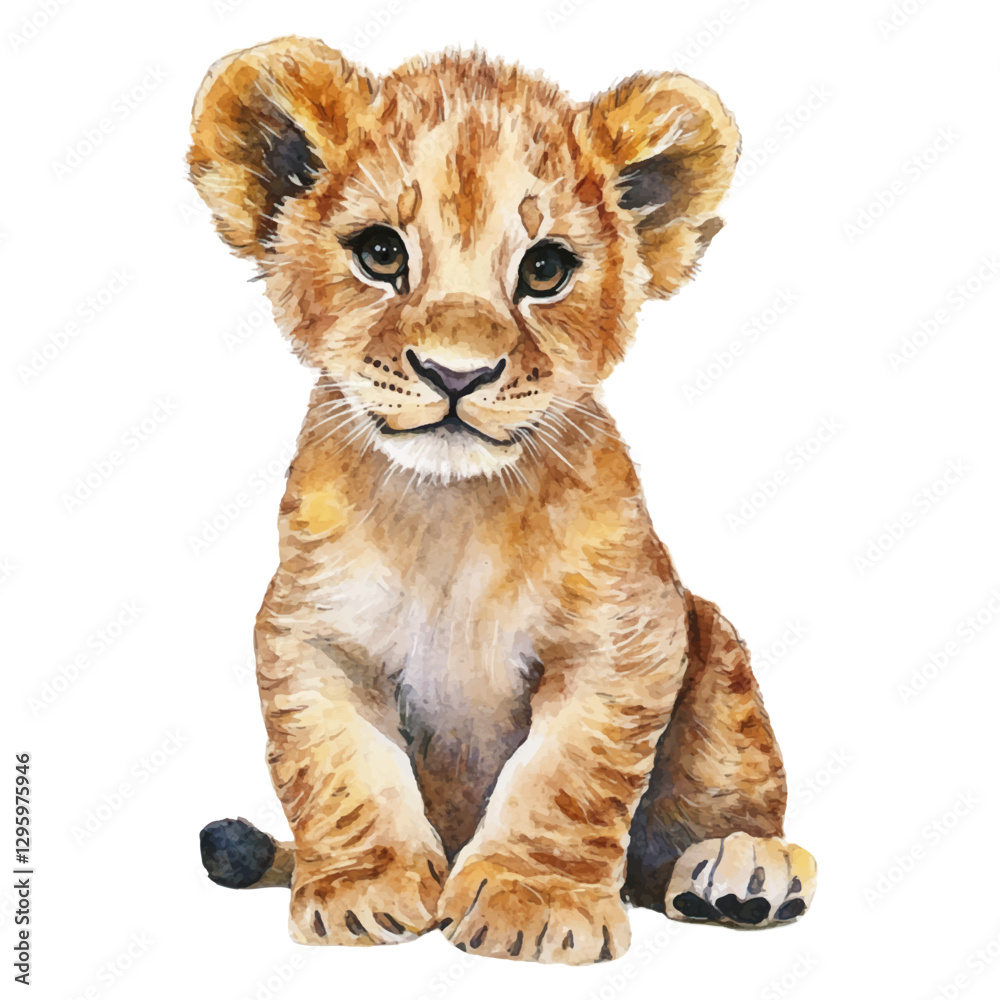Cute lion cub sitting on the ground, watercolor illustration isolated on a white background Cute lion cub sitting on the ground, watercolor illustration isolated on a white background