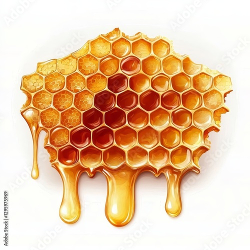 Golden Honeycomb with Droplets of Honey Isolated on White Background