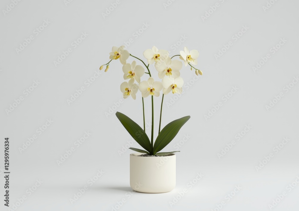 Orchid Pot with Beautiful White Flowers Arranged Gracefully on White Background