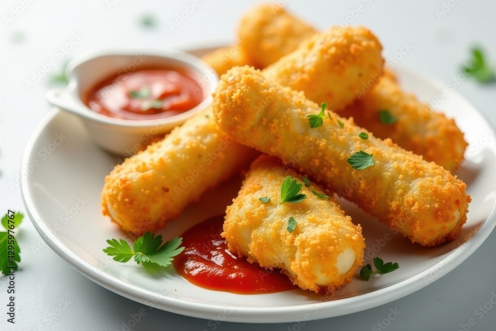 Golden-brown crispy fried cheese sticks served with a side of vibrant tomato dipping sauce, garnished with fresh parsley sprigs on a white plate Golden-brown crispy fried cheese sticks served with a side of vibrant tomato dipping sauce, garnished with fresh parsley sprigs on a white plate
