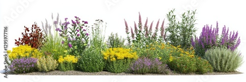 Vibrant Flower Bed Arrangement with Diverse Colors and Varieties on White Background