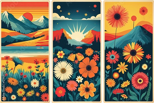 Vibrant 70s Style Posters Showcasing Retro Landscapes and Colorful Floral Designs