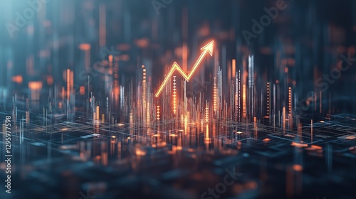 A cityscape with a bright orange arrow pointing upwards