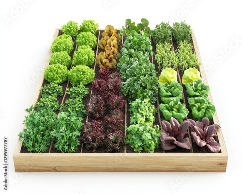 Vibrant Vegetable Patch Featuring Fresh Greens and Herbs on White Background