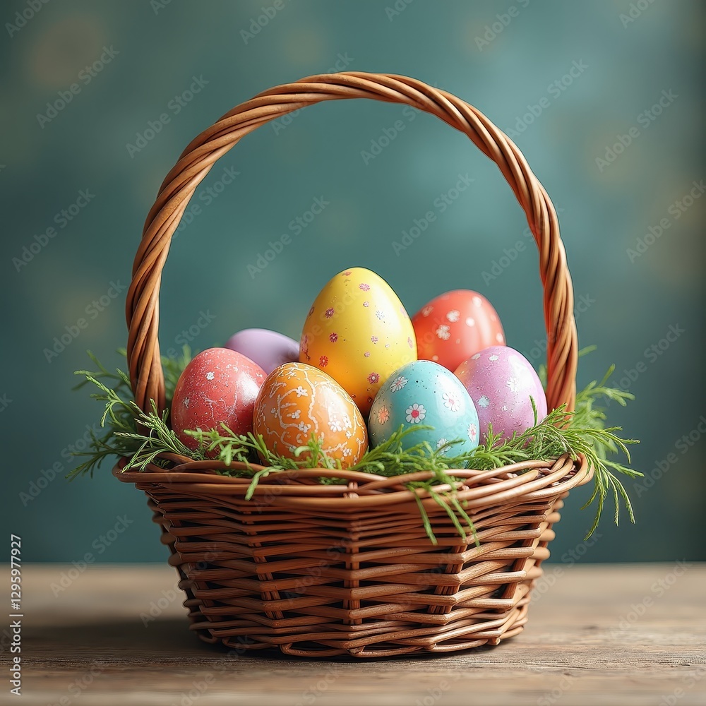 Vibrant Easter Eggs in Wicker Basket on Wood Background Perfect Eastern Day Display. A basket filled with painted eggs sitting on top of a wooden table. Vibrant Easter Eggs in Wicker Basket on Wood Background Perfect Eastern Day Display. A basket filled with painted eggs sitting on top of a wooden table.
