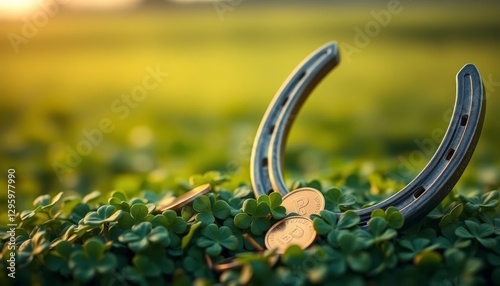A horseshoe rests atop lush clovers, alongside coins, symbolizing luck and prosperity in a serene outdoor setting. Great for themes of good fortune or St. Patrick's Day.