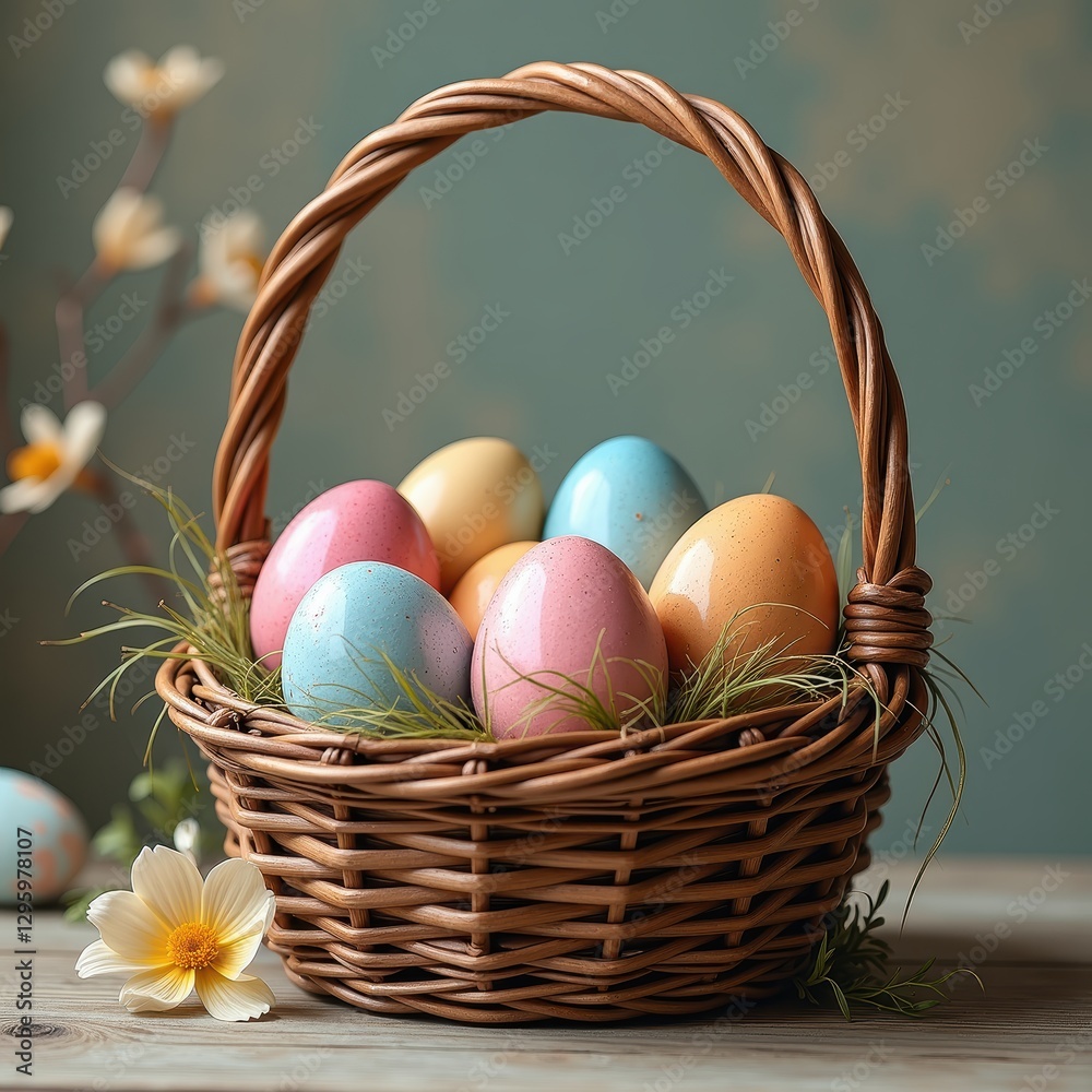 Rustic Easter Scene: Wicker Basket Overflowing with Pastel Eggs and White Flowers on a Blurred Background. A basket filled with colored eggs sitting on top of a table.