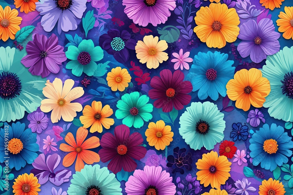 Fototapeta premium Bright Floral Pattern Collection Featuring Abstract Textures in Lavender Mint Saffron Crimson and Azure