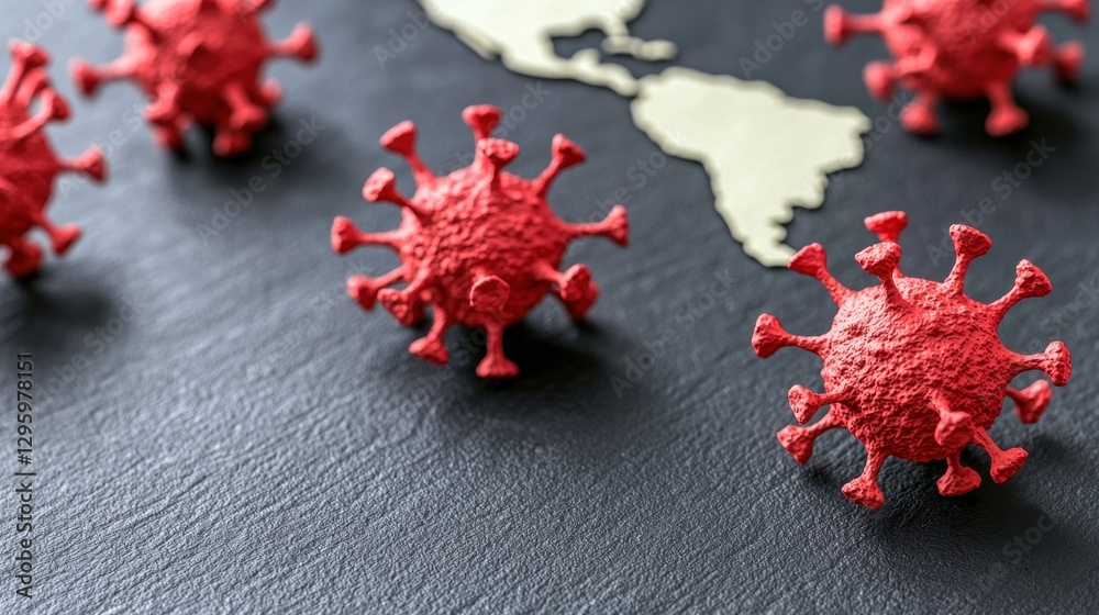 Red Virus Models on Black Surface with Map of Central America Background