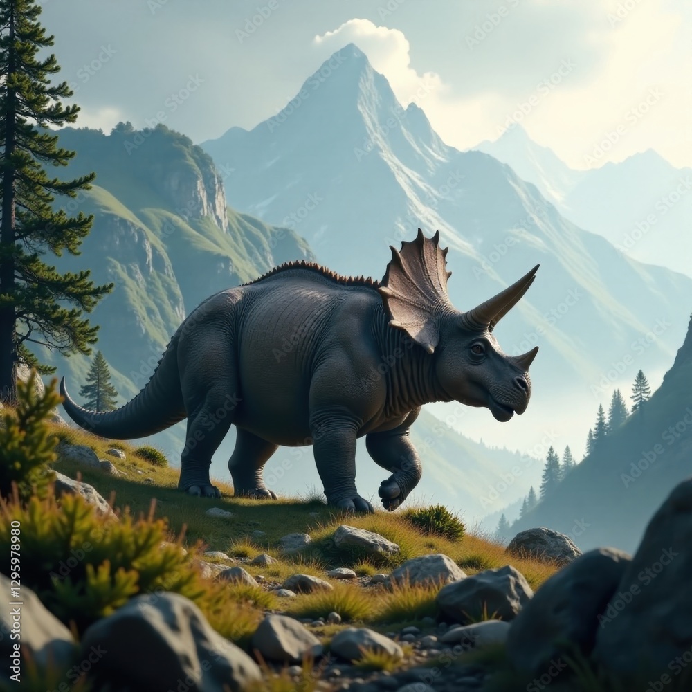 Fototapeta premium Humongous Triceratops in misty mountain range, dinosaur, mountain, mist