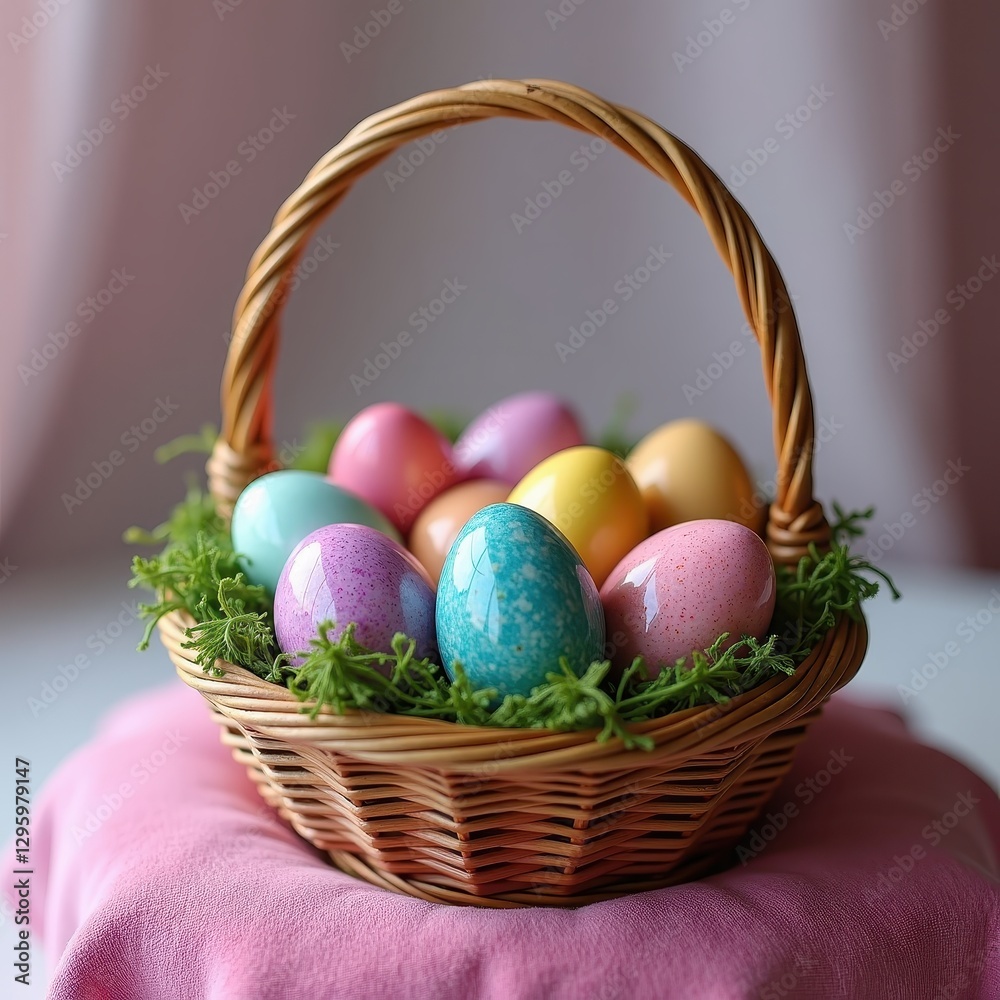 Easter Basket Display: Vibrant Speckled Eggs on Pink Cloth amidst Green Grass. A basket filled with colored eggs sitting on a pink cloth. Easter Basket Display: Vibrant Speckled Eggs on Pink Cloth amidst Green Grass. A basket filled with colored eggs sitting on a pink cloth.