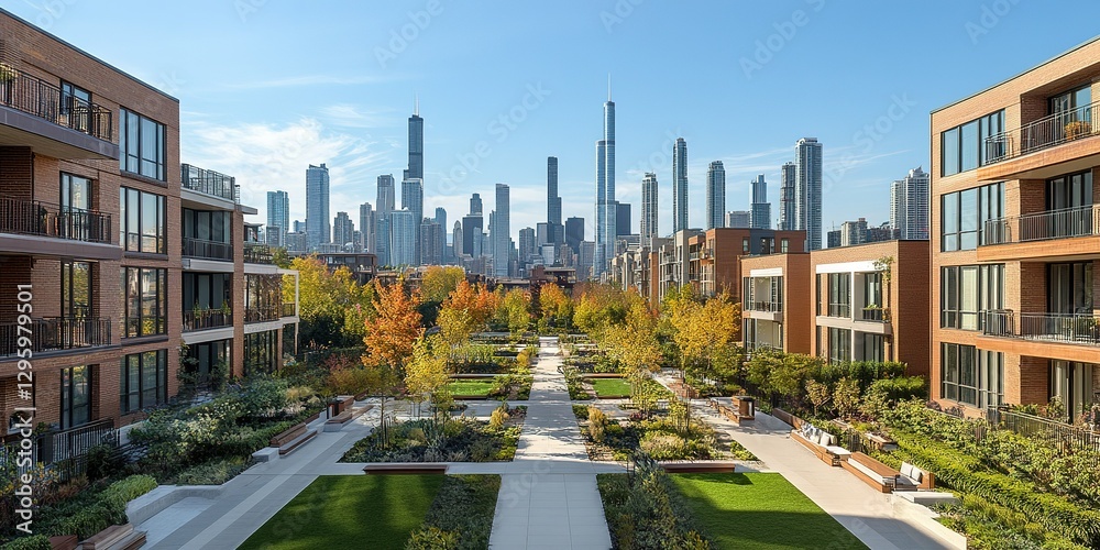 Fototapeta premium Modern urban living in Chicago with vibrant landscaping and skyline view in autumn