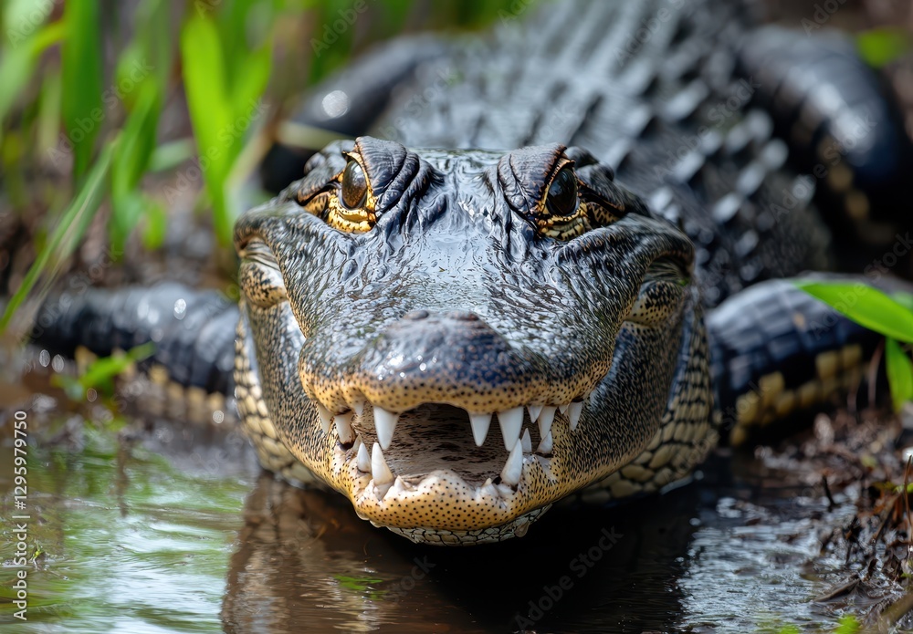 Fototapeta premium Close-Up View of a Powerful Reptile, Featuring Sharp Teeth and Intricate Scales in a Natural Habitat Surrounded by Lush Greenery and Calm Water