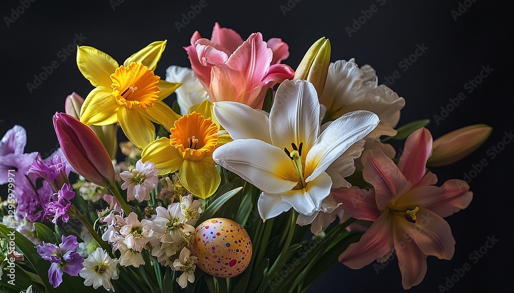 Fototapeta premium A spring floral arrangement featuring lilies, daffodils, and tulips, with a hidden Easter egg among the flowers.