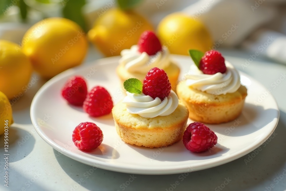 Delightful Lemon-Scented Mini Cakes Topped with Creamy Frosting and Fresh Raspberries, Served on an Elegant Plate Delightful Lemon-Scented Mini Cakes Topped with Creamy Frosting and Fresh Raspberries, Served on an Elegant Plate