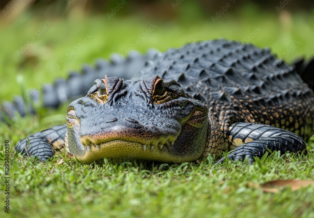 Fototapeta premium Close-Up View of a Relaxed Reptile with Textured Skin Residing on Green Grass in Natural Habitat Captured during Daytime Sunlight
