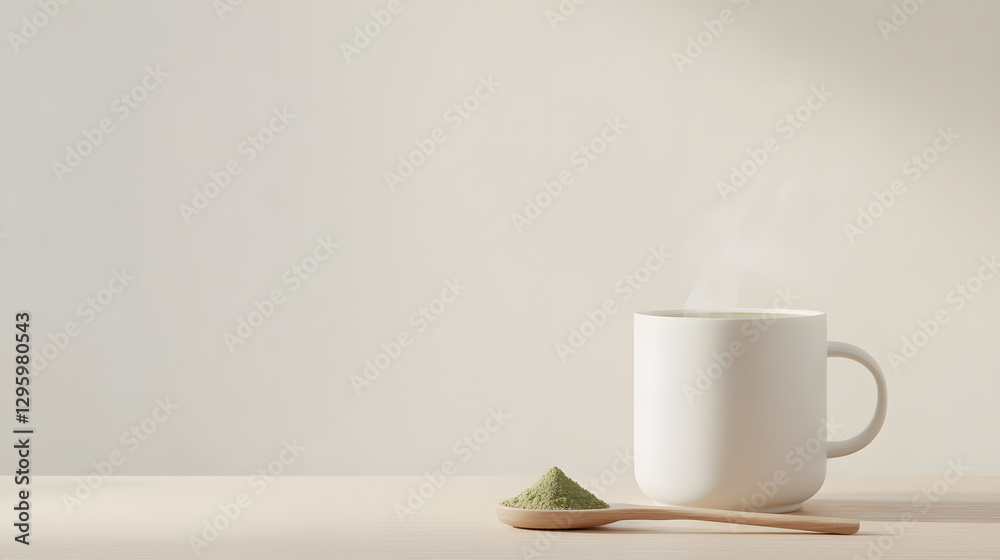 Fototapeta premium A steaming cup of matcha tea in a minimalist white ceramic mug, set on a light wooden surface. A small wooden spoon holds a portion of matcha powder beside it, with a light dusting on the table. Soft