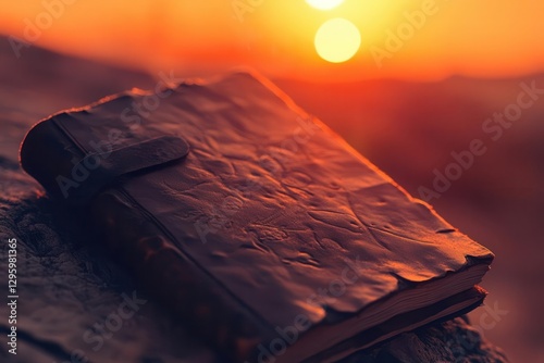 close-up of a weathered leather journal, its pages fluttering in a desert breeze, glowing under a fiery orange sunset, evoking tales of wanderlust and timeless secrets.