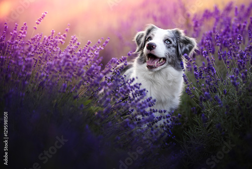 Photography Border collie dogs in lavender fields