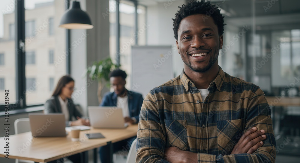 Fototapeta premium Creative Designer Working at Startup Business Agency, Smiling with Crossed Arms in Modern Office with Colleagues Collaborating on Digital Projects, Innovation, and Business Success