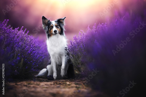 Canvas Print Border collie dogs in lavender fields