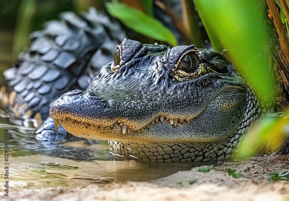 Fototapeta premium Close-up View of a Striking Alligator Head With Detail of Eyes, Scales and Teeth in a Natural Outdoor Habitat Surrounded by Greenery and Water