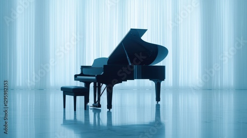 Elegant Grand Piano in Soft Blue Lighting with Minimalist Background