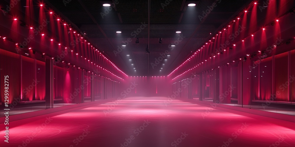 Stunning red-lit indoor arena with fog and glowing lights for an energetic atmosphere Stunning red-lit indoor arena with fog and glowing lights for an energetic atmosphere
