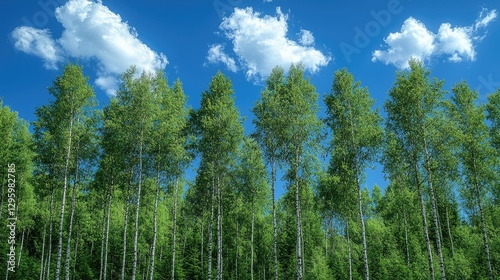 Birch Trees Stand Tall Under A Summer Sky