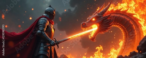 Knight in armor with sword drawn faces fierce dragon breathing fire , battle, fire, knight photo