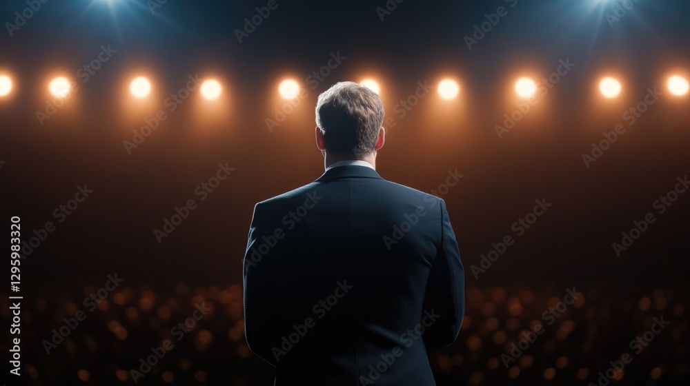Fototapeta premium performer stands confidently on stage, illuminated by dramatic l