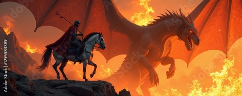Knight riding horse into fiery inferno with massive dragon in background, horse, armor, dragon