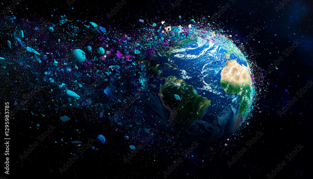 Fototapeta premium A vibrant depiction of Earth surrounded by colorful particles in a cosmic backdrop.
