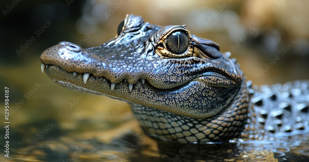 Fototapeta premium Close-Up View of a Unique Reptile with Distinctive Features in Natural Habitat Setting Reflecting Calm Water Surroundings and Intricate Texture Details