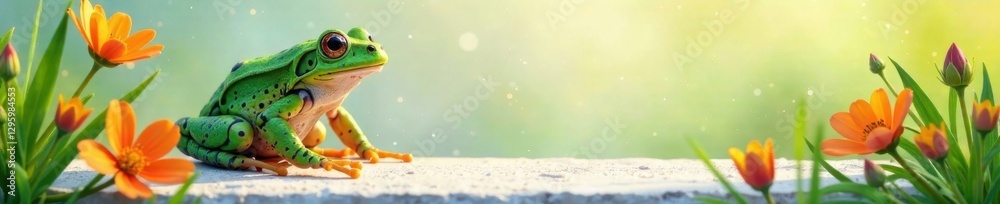 Fototapeta premium Le grenouille est entour? par un panneau blanc, aquarium int?rieur, fleurs, eau