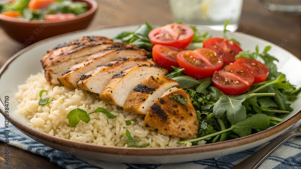 Grilled Chicken with Fluffy Rice, Fresh Tomatoes, and Vibrant Greens Grilled Chicken with Fluffy Rice, Fresh Tomatoes, and Vibrant Greens