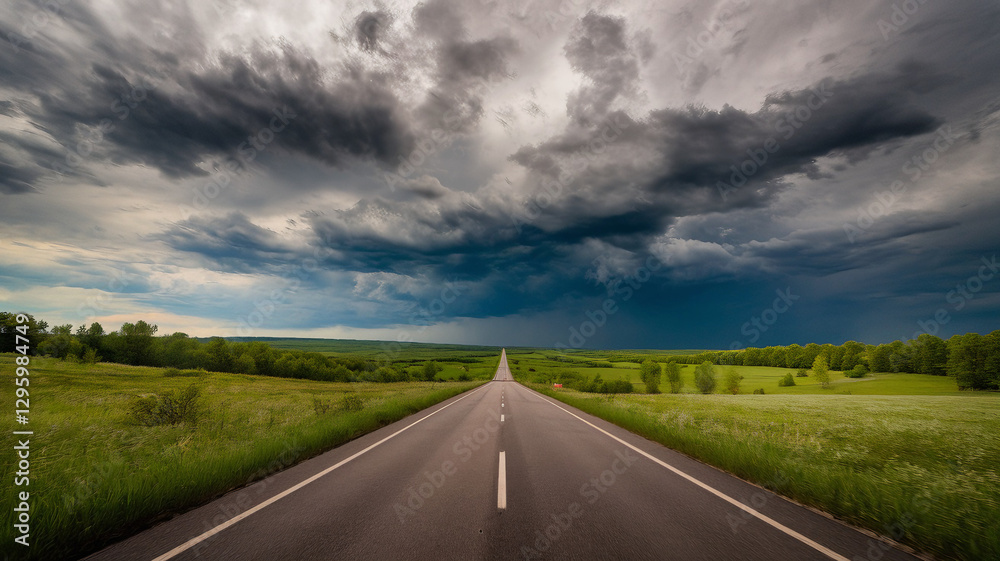 Naklejka premium Stormy Road to the Unknown – A Long, Isolated Highway Stretching into the Horizon, Surrounded by Green Fields Under a Dramatic, Dark Stormy Sky, Evoking Mystery, Anticipation, and a Sense of Adventure