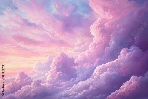 cotton-candy pink clouds drifting across a dreamy twilight sky, soft purples blending into the horizon, radiating a fluffy, serene calm with a touch of fantasy.
