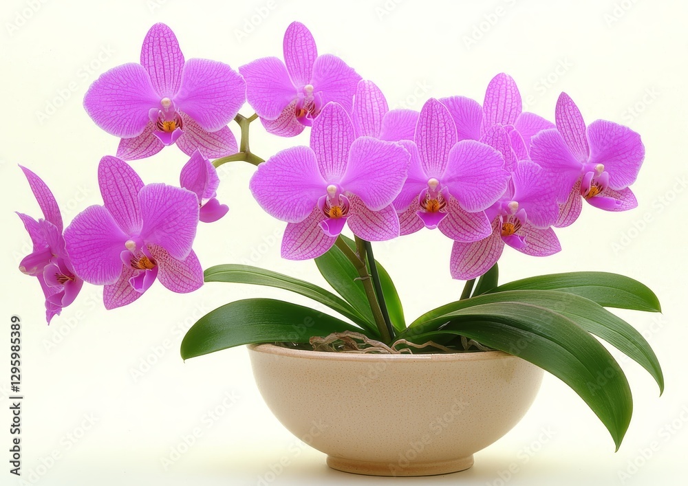 Elegant Orchid Pot Displaying Vibrant Pink Blooms with Lush Green Leaves on White Background Elegant Orchid Pot Displaying Vibrant Pink Blooms with Lush Green Leaves on White Background