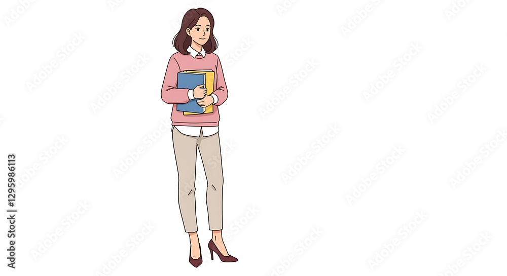 Young woman standing confidently holding textbooks in a stylish pose against a white background Young woman standing confidently holding textbooks in a stylish pose against a white background