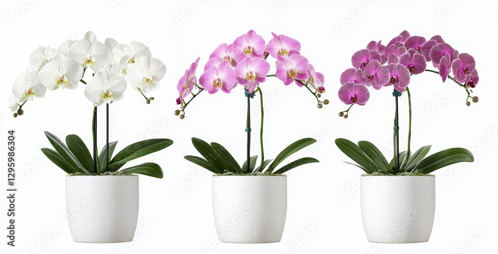 Obraz premium Orchid Pot Displaying Beautiful White Pink and Purple Blooms on White Background
