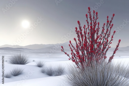 crimson hesperaloe sways in a moonlit desert, silvery light kissing spiky leaves, a stark white void framing a 3d render of arid grace and quiet resilience. photo