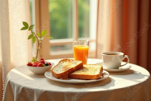 Wallpaper Mural Morning sunlight illuminates a delightful breakfast scene toasted bread, fresh berries, a glass of orange juice, and a steaming cup of coffee, all arranged on a table near a window. Torontodigital.ca