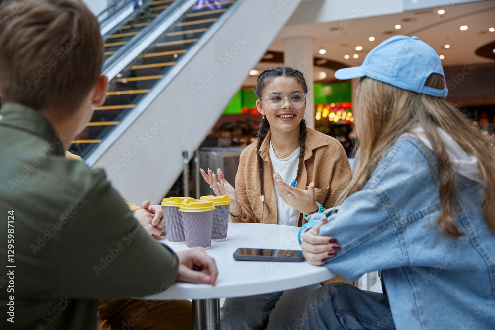 Happy relaxed teenage friends talking sitting in cafeteria of shopping mall